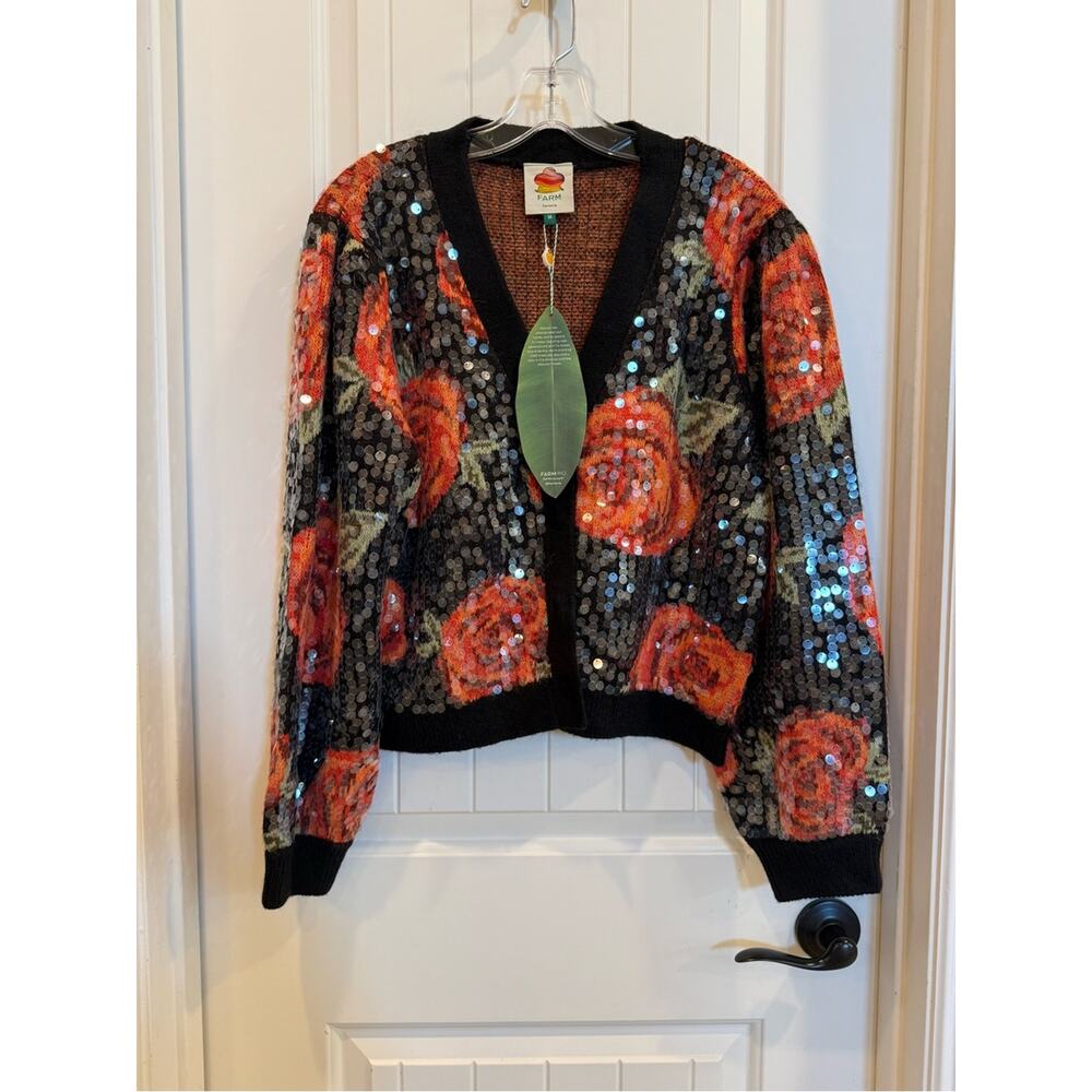 Farm Rio Black Latin Roses Buttoned Sequined Knit Cardigan - Picture 3 of 6